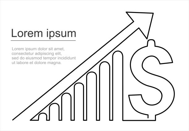 einzelne einzeilige zeichnung mit zunehmenden pfeilen, balkendiagramm und dollarzeichen. geschäft, finanzen, absatz, marktwachstum, leistung, minimales konzept. eine durchgehende vektorillustration zum zeichnen von linien - graph arrow sign chart single line stock-grafiken, -clipart, -cartoons und -symbole