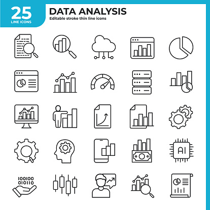 Data analysis thin line icons. Editable stroke. Related report, analytic data, cloud, process, ai etc. Vector illustration.