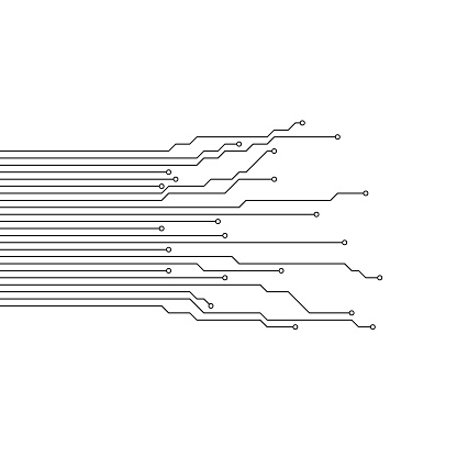 This graphic represents a stylized circuit board or electronic schematic, depicted in a simple, clean black and white style. Horizontal lines are interrupted by a series of stepped vertical connections, each terminating in a dot, suggesting electronic nodes or contact points. This image reflects a blend of technology and abstract art, suggesting a sense of order, precision, and modernity, ideal for concepts related to electronics, networking, or digital communications.