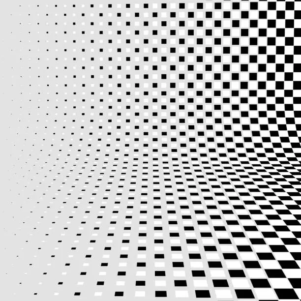 Vector illustration of A black and white checkerboard pattern that distorts into a 3D perspective, creating an optical illusion of depth.