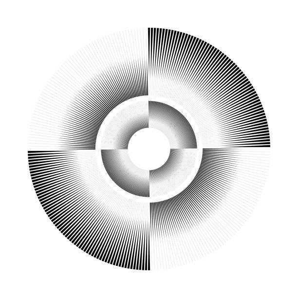 ilustraciones, imágenes clip art, dibujos animados e iconos de stock de esta imagen presenta un patrón de muaré en blanco y negro que crea una ilusión óptica con círculos concéntricos y un marcado contraste radial. - abstract circle multi colored growth