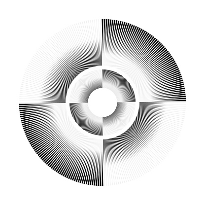 The image displays an arresting optical illusion generated by a moiré pattern composed of fine, black and white lines. These lines form concentric circles with a central disc and radial quadrants that alternate in color, creating a stark contrast and the illusion of depth and motion. The precision of the lines and their varying density give the impression that the static image is expanding or contracting. This type of illusion is engaging and often used in the fields of optical art and visual perception to showcase the dynamic interactions between line, form, and the human eye.