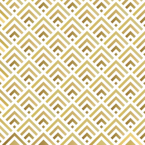 Vector illustration of This is a seamless geometric pattern featuring a series of overlapping golden-yellow chevron shapes. The design is symmetrical and repetitive, creating a textured and modern wallpaper or fabric-like appearance.