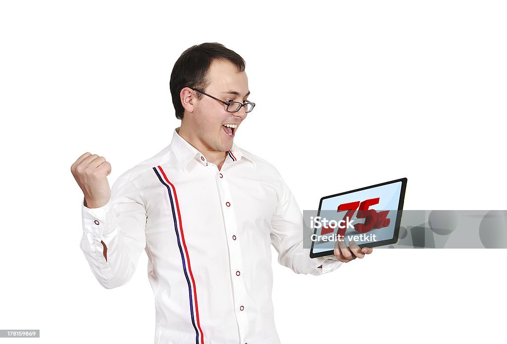 discount man holding touch pad with 75 percent discount Adult Stock Photo