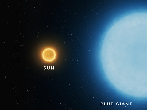 Sun and blue giant in the space. Сomparing the sizes of stars. A yellow dwarf next to a blue giant.
