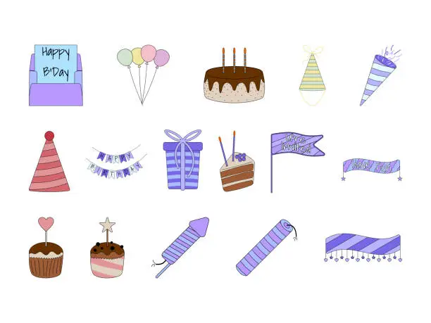 Vector illustration of Birthday Elements Icons Illustration. Flat Style Collection Party Completeness. Vector Illustration on a White Background.