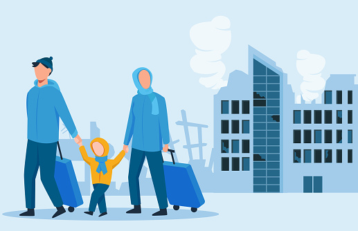 Vector of a family walking in a dismayed city, fleeing from a war zone