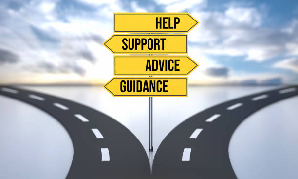 istock Help Support Advice Guidance. Divided Road And Decisions With Road Sign 1781610167