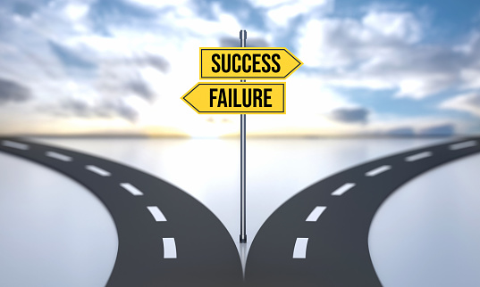 Success Or Failure. Divided Road And Decisions With Road Sign. Planning Concept.