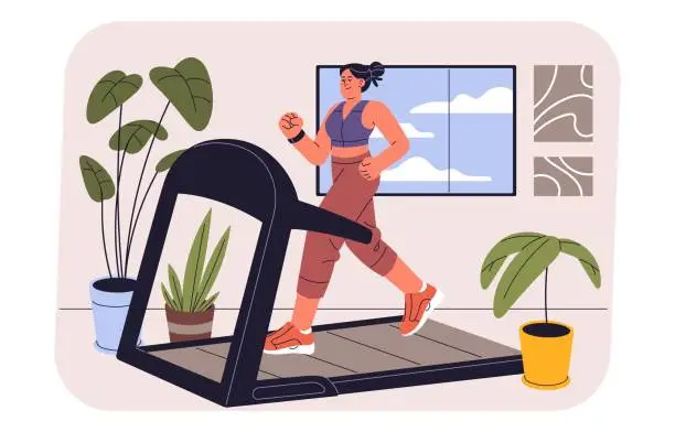 Vector illustration of Woman running in gym, girl jogging indoor. Runner do home exercises, fitness. Jogger in sportswear walk on treadmill. Female watching her figure, keep its body, health. Sport flat vector illustration