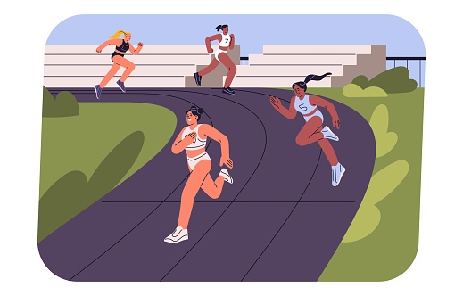 Sporty women on running track. Female runners on sprinting competition, race. People jogging on stadium. Athletes training body, stamina. Summer tournament. Outdoor sport. Flat vector illustration.