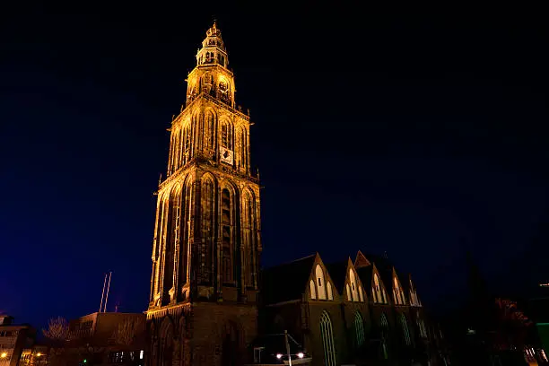 Photo of famous Martinitoren (Martini tower) in Groningen at night
