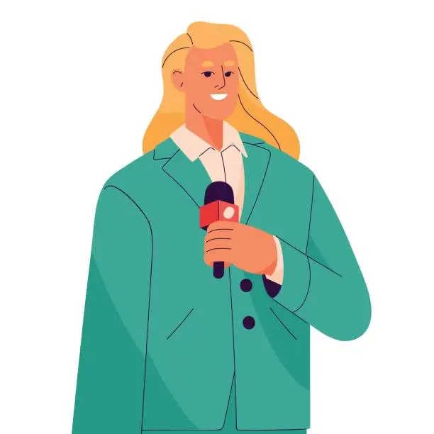 Vector illustration of Professional journalist take interview. Reporter, newscaster with microphone report news on TV. Woman standing, hold mic portrait. Media business. Flat isolated vector illustration on white background