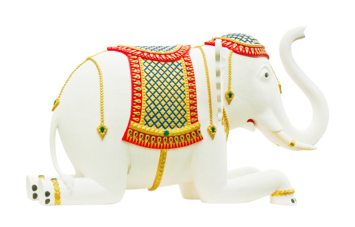side view two elephant wooden sculpture on white background, object, animal, vintage, retro, decor, copy space