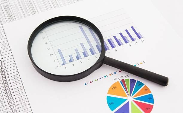 istock Black magnifier on a business paper with charts and graphs 178163308