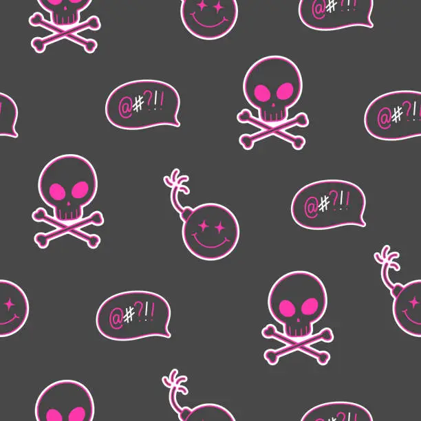 Vector illustration of seamless pattern skull with bones, bomb, dialogue, 2000s emo style, y2k aesthetic, vector pattern for textiles, t-shirts, packaging and more