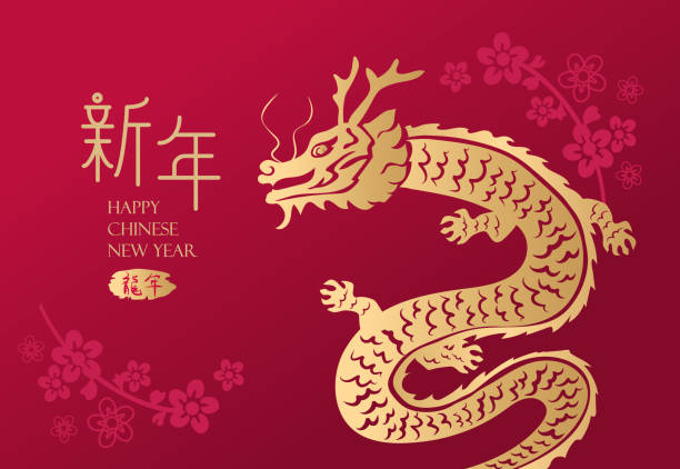 с китайским новым годом, традиционный народный вырезанный из бумаги дракон. перевод на китайский : с новым годом - new year 2024 stock illustrations