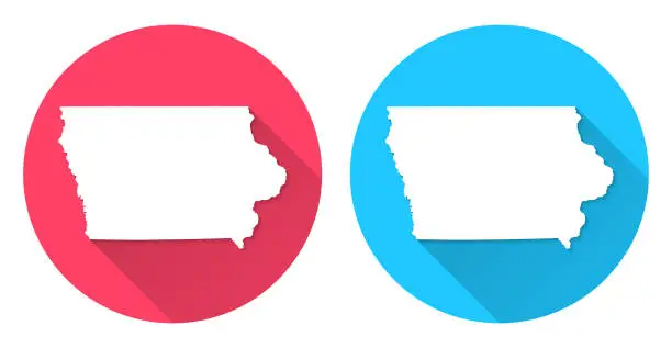 Vector illustration of Iowa map. Round icon with long shadow on red or blue background