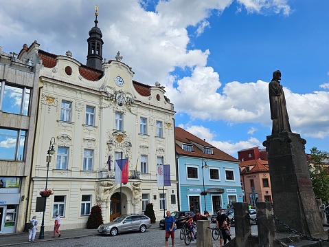 Beroun, Czech Republic – August 26, 2023: Traditional architecture of Husovo náměstí in Beroun, Czech Republic.