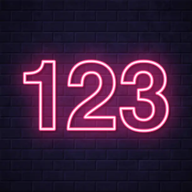 Vector illustration of 123 - Numbers one two three. Glowing neon icon on brick wall background