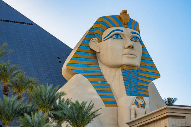 Luxor Hotel. Las Vegas, Nevada - April 2017: Luxor Casino hotel in Las Vegas. Luxor is the second largest hotel in Las Vegas. Monorail train over Luxor Hotel. View of the Pyramid with Sphinx of Luxor hotel. las vegas metropolitan area luxor luxor hotel pyramid stock pictures, royalty-free photos & images