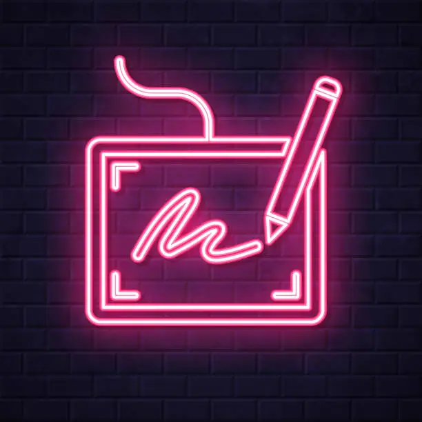 Vector illustration of Electronic signature. Glowing neon icon on brick wall background