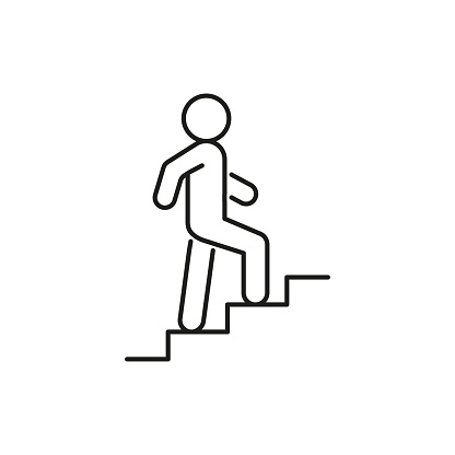 Stairs up person, line icon. Stairway, steps direction sign. Moving upstairs. Editable stroke. Vector illustration