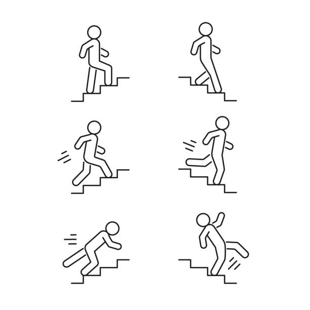 Stairs up and down person walk, run and fall, line icon set. Stairway, steps direction sign. Safe moving upstairs and downstairs, rise and descend. Editable stroke. Vector Stairs up and down person walk, run and fall, line icon set. Stairway, steps direction sign. Safe moving upstairs and downstairs, rise and descend. Editable stroke. Vector illustration people walking down stairs stock illustrations