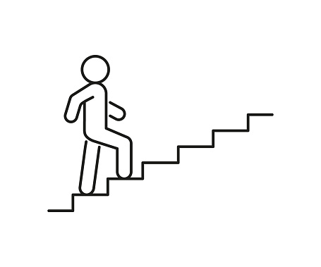 Stairs up person, line icon. Stairway, steps direction sign. Moving upstairs. Editable stroke. Vector illustration