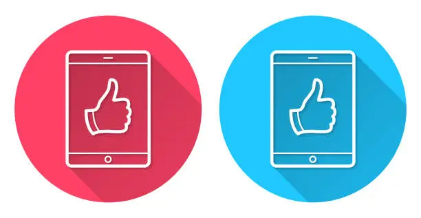 Vector illustration of Tablet PC with thumbs up. Round icon with long shadow on red or blue background