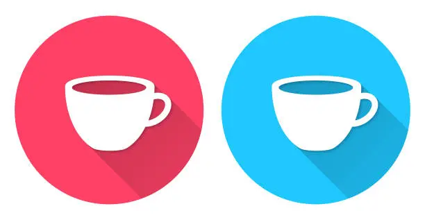 Vector illustration of Cup. Round icon with long shadow on red or blue background