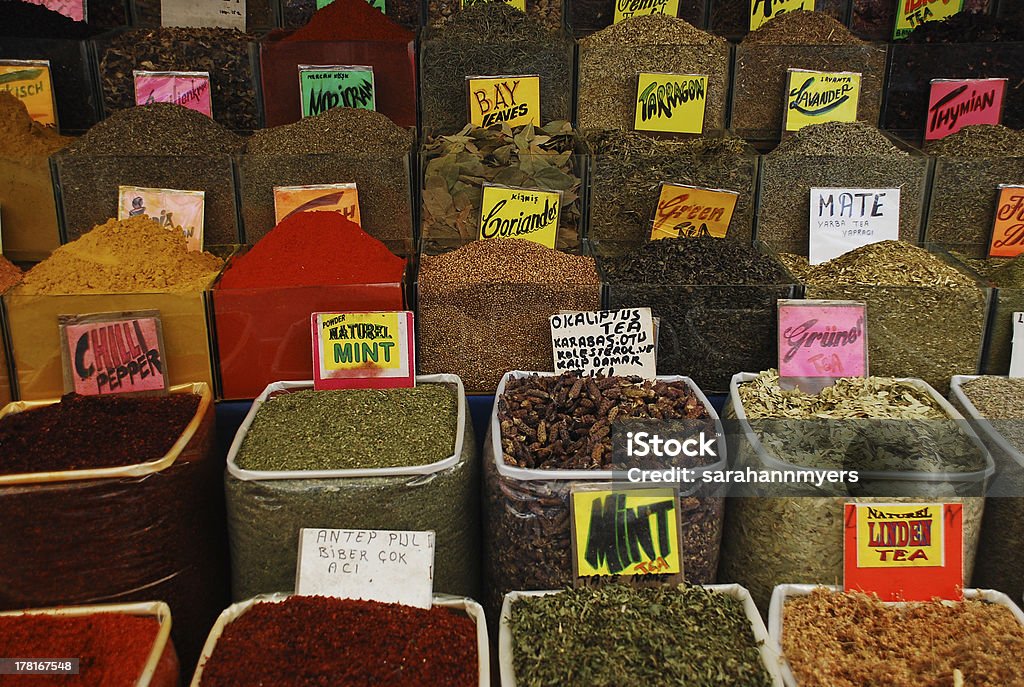 Teas and Spice, Everything Nice Spices and teas in an outdoor Turkish farmer's market Bay Leaf Stock Photo