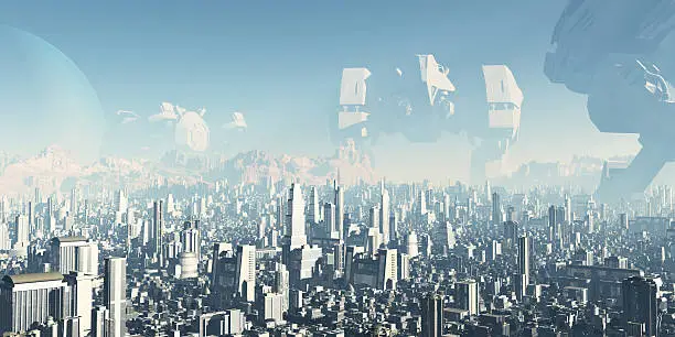 Giant derelict war machines overshadowing a futuristic sci-fi city, 3d digitally rendered ilustration