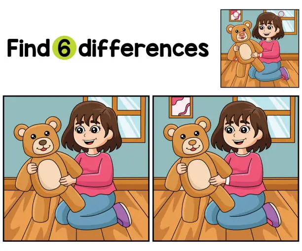 Vector illustration of Girl Holding A Teddy Bear Find The Differences