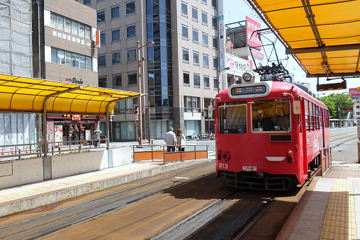 Kochi,Japan,April 23, 2022, Tram running in Kochi city