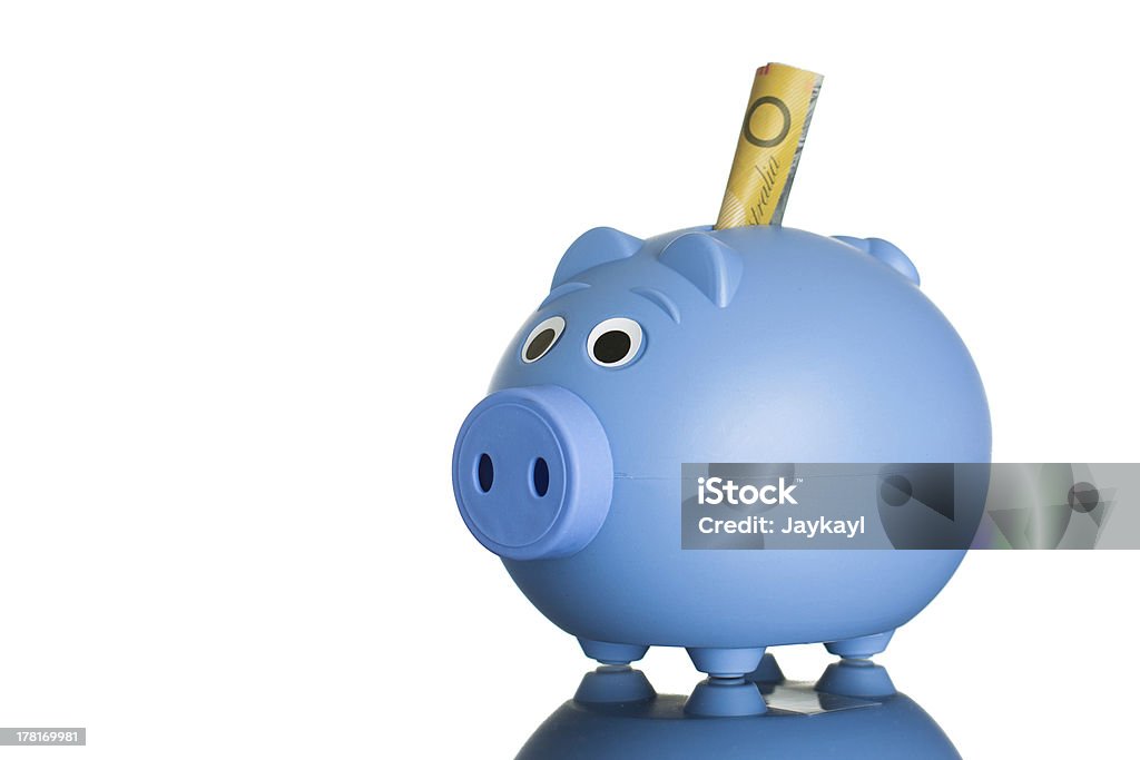 Голубой Свинья-копилка с Австралийский доллар - Стоковые фото Австралийская валюта роялти-фри