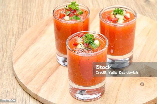 Cold Tomato Soup Gazpacho In Portion Glasses Horizontal Stock Photo - Download Image Now