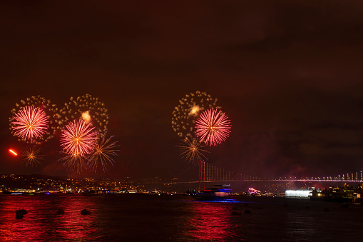 100th Anniversary Celebrations of the Republic of Türkiye Fireworks Photos, 15 July Martyrs Bridge Arnavutkoy, Istanbul, Turkiye (Turkey)