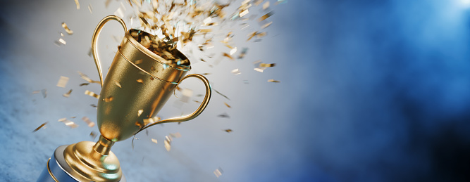 Winner's Cup. Achievements. Victory. Goal achievement concept. First place in a computer game. Best in Class Trophy Award. Top Performance Award. Winner certificate. 3D render.