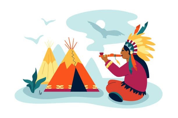 illustrazioni stock, clip art, cartoni animati e icone di tendenza di capo con tubo di pace - illustrazione vettoriale colorata moderna - cherokee