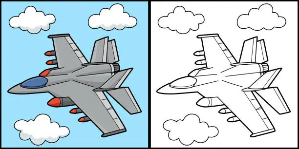 Vector illustration of Jet Fighter Coloring Page Colored Illustration