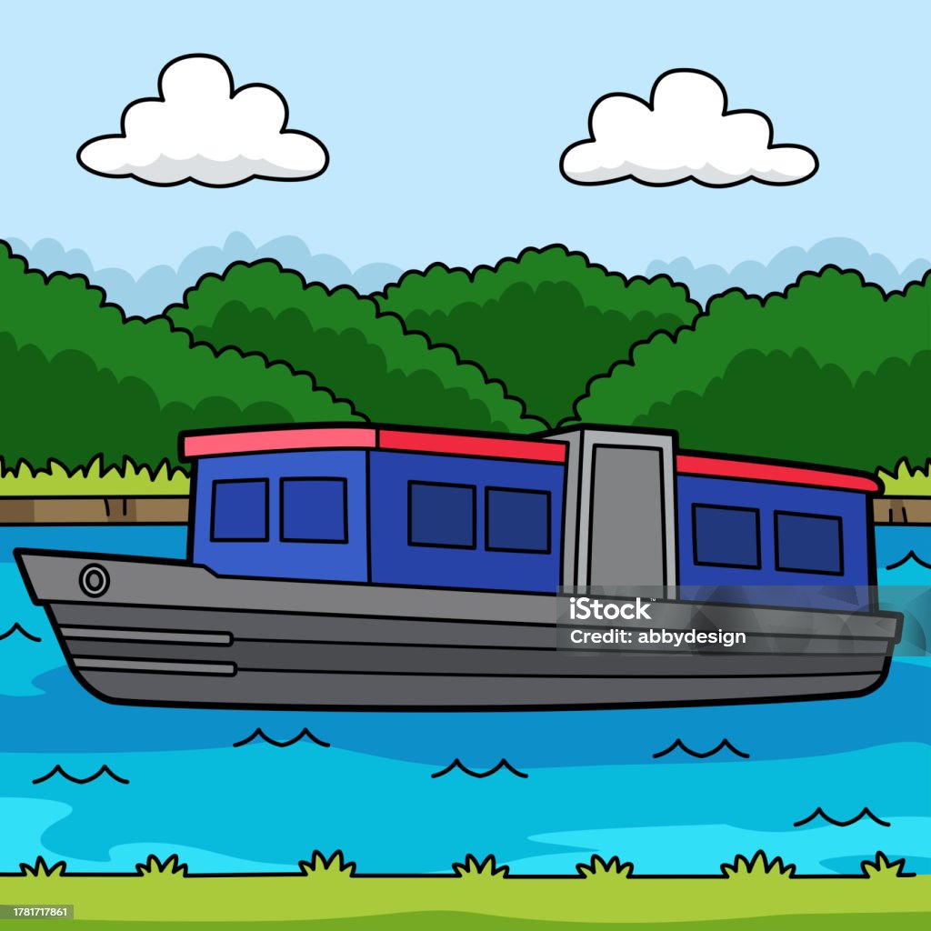 Ilustrasi Kartun Berwarna Kendaraan Narrowboat Ilustrasi Stok - Unduh