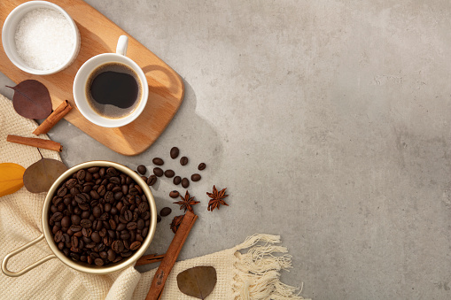 On the gray cement background, coffee beans decorated with cinnamon sticks, anise star and cup of coffee. Blank space to place your design and copy space. Minimal concept