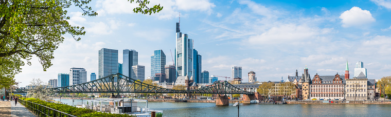 The crowded skyscraper cityscape of Frankfurt’s Bankenviertel financial district overlooking the leafy spring foliage along the River Main, Hesse, Germany.