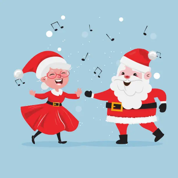 Vector illustration of Poster with Santa Claus and missis Claus dancing and celebrating Christmas