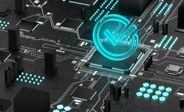 istock Check mark icon on black futuristic mother board background 1781742684