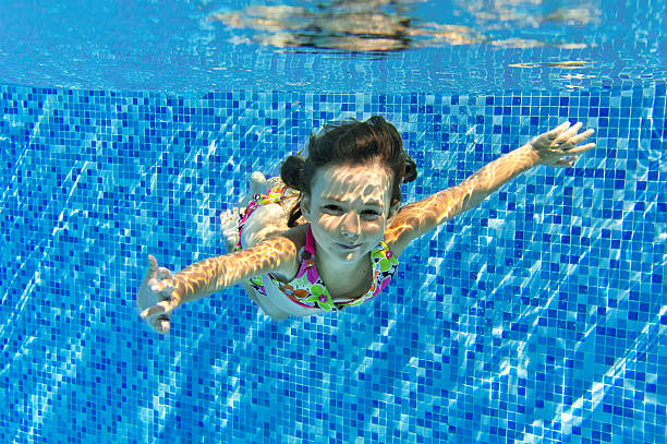 istock Happy active child swims underwater in pool 178174947