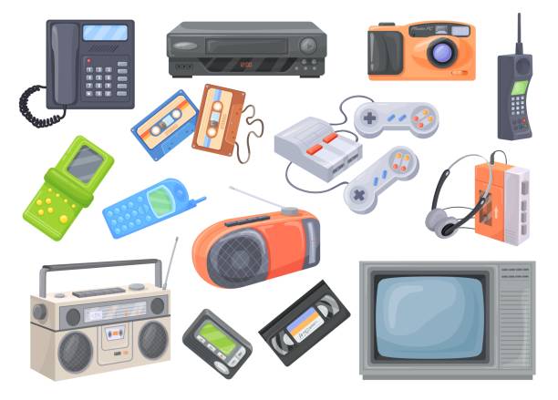 istock 90s devices. Vintage electronic gadgets nostalgi technology y2k or 1990s, old radio music player game console retro communication pager hipster 80s device, neat vector illustration 1781754065