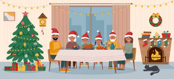 Vector illustration of Family Christmas at the table1