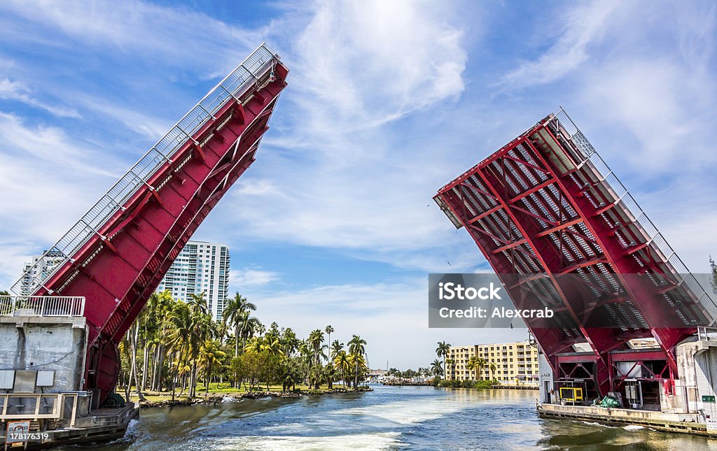 Drawbridge in Miami ,North West 17 Avenue Open Drawbridge in Miami Florida at North Wste 17 Avenue for a passing Yacht in a clear day. Drawbridge Stock Photo